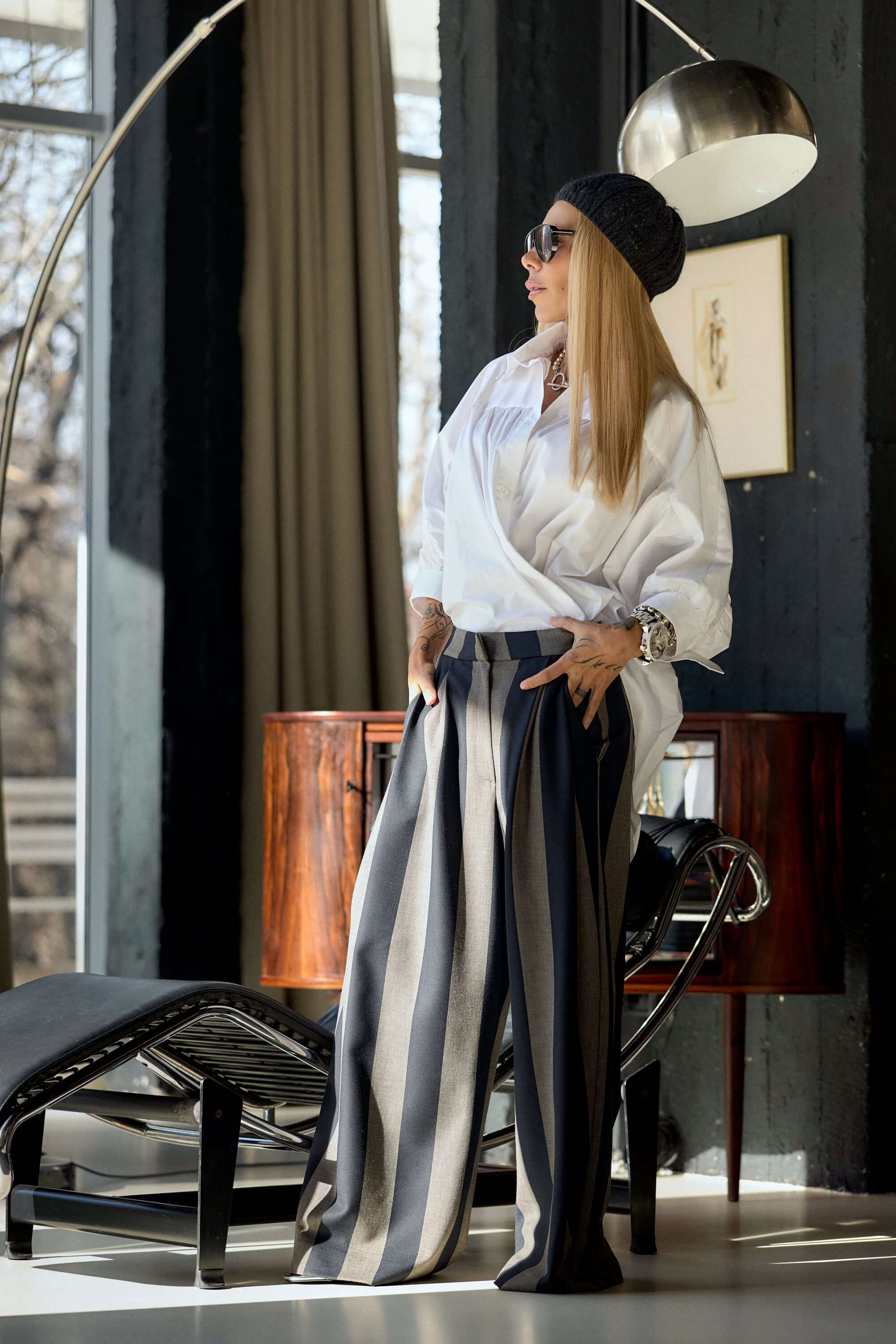 Wide-Leg Striped Pants in Black and Taupe - Image 2