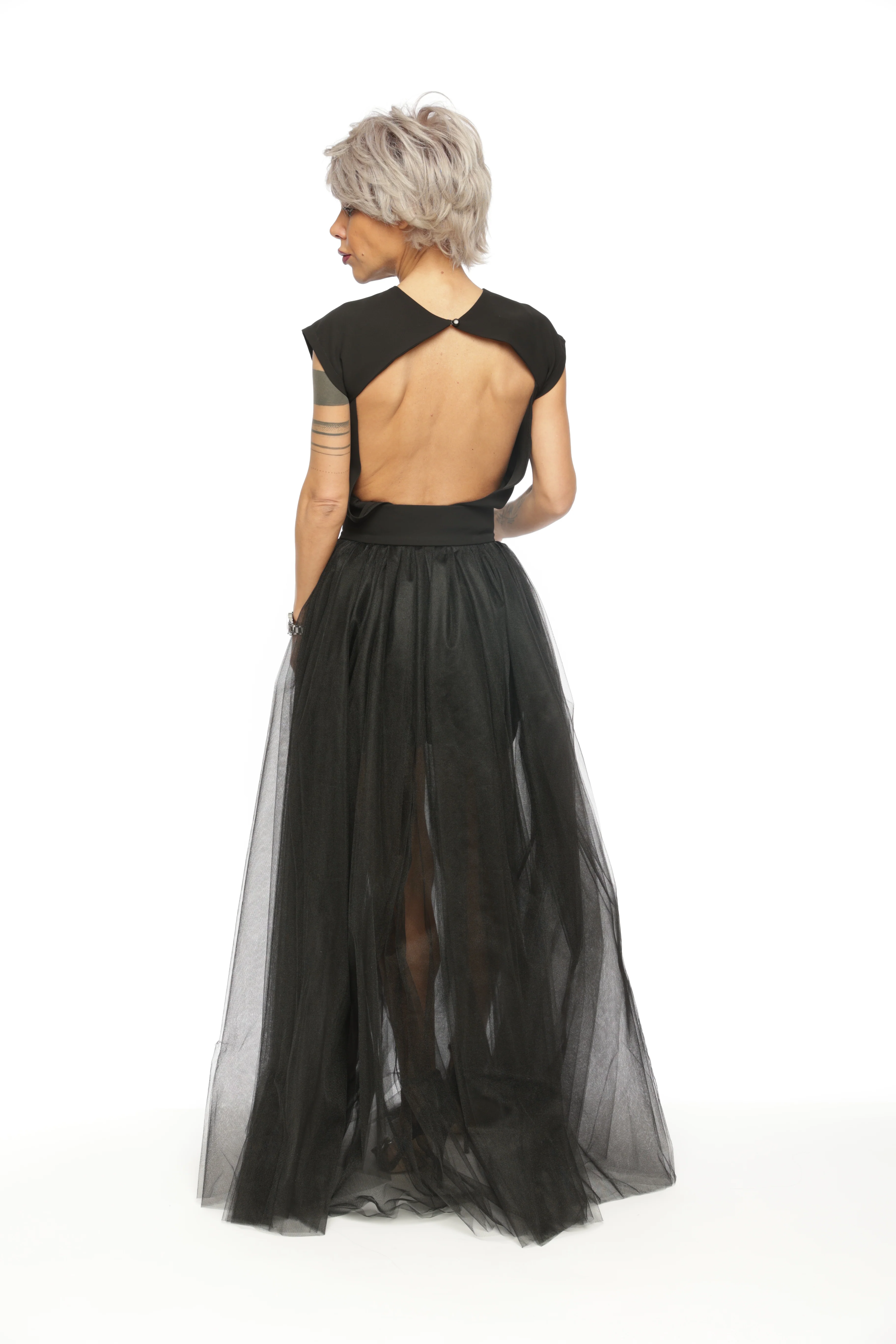 3-Piece Open-Back Top, High-Waisted Shorts and Tulle Skirt Co-Ord Set in Black - Image 12
