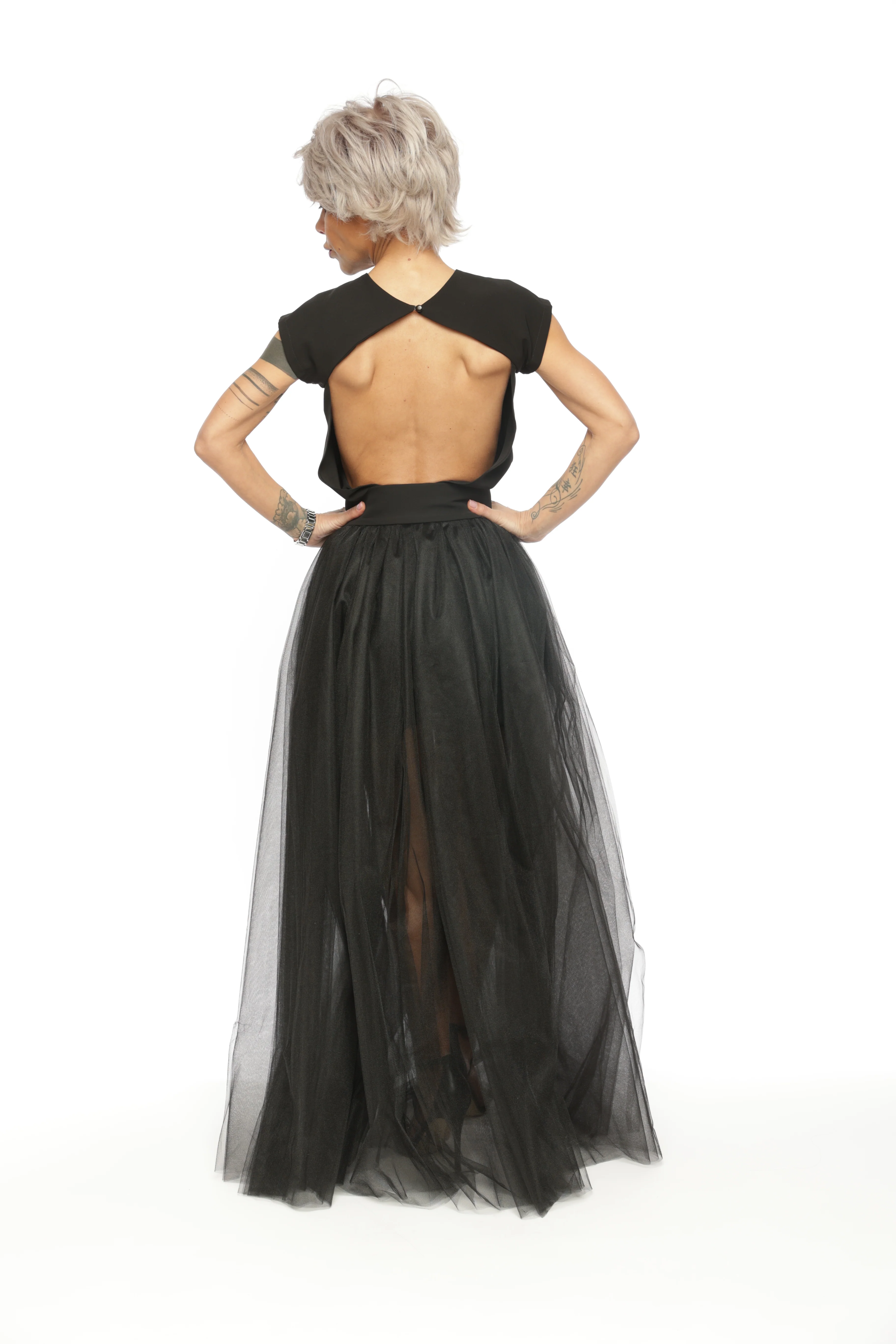 3-Piece Open-Back Top, High-Waisted Shorts and Tulle Skirt Co-Ord Set in Black - Image 13