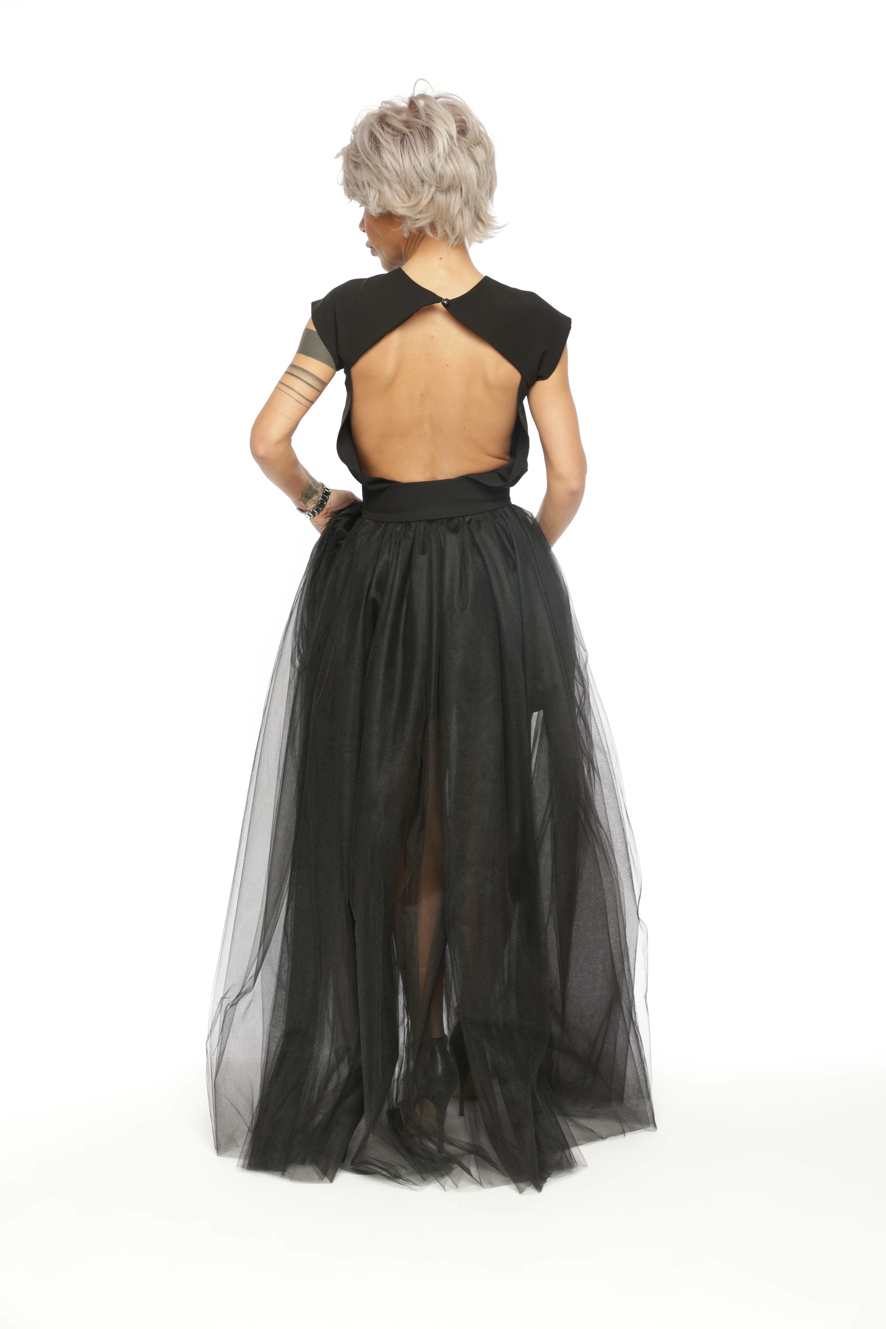 3-Piece Open-Back Top, High-Waisted Shorts and Tulle Skirt Co-Ord Set in Black - Image 14