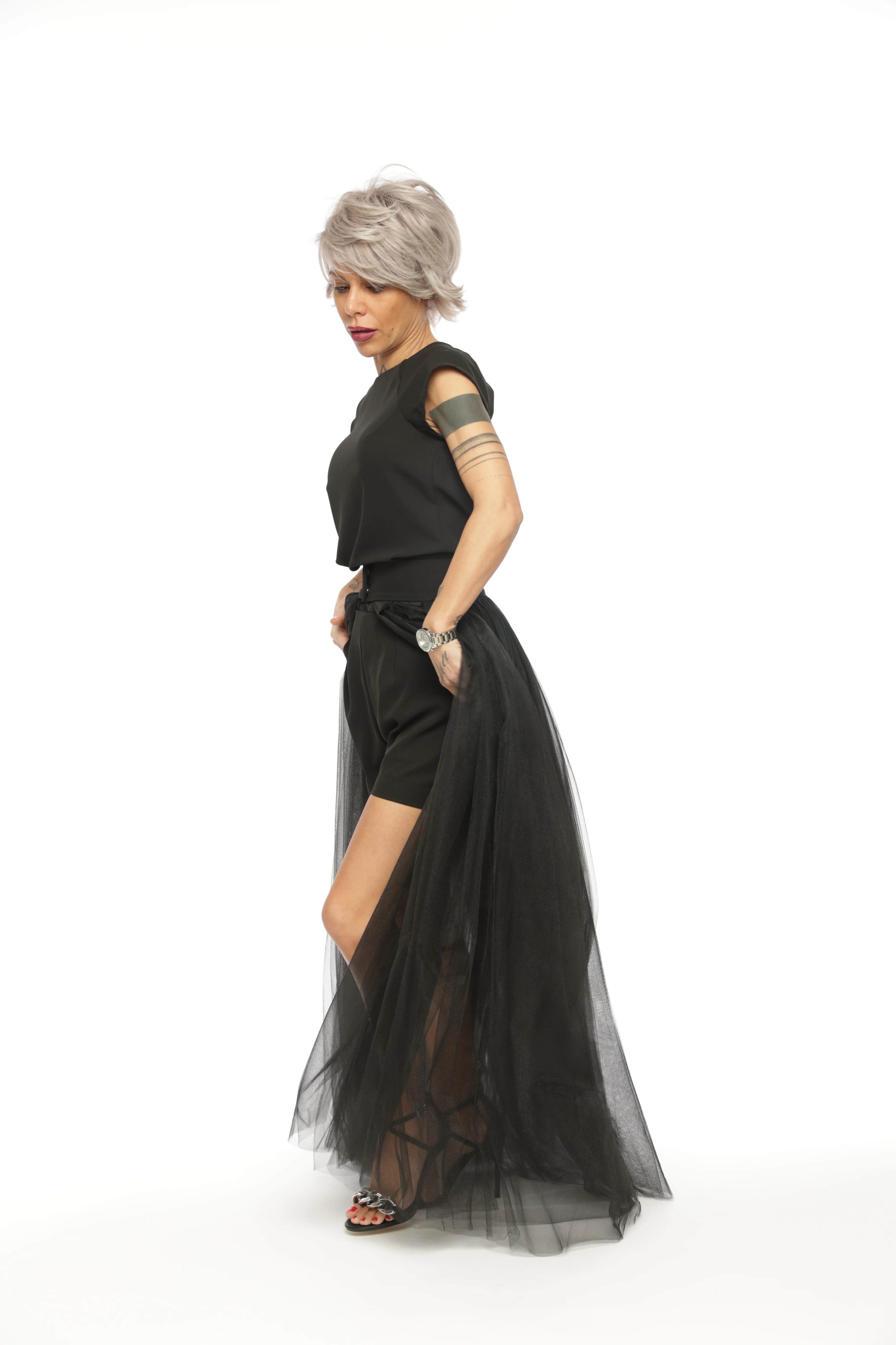 3-Piece Open-Back Top, High-Waisted Shorts and Tulle Skirt Co-Ord Set in Black - Image 17