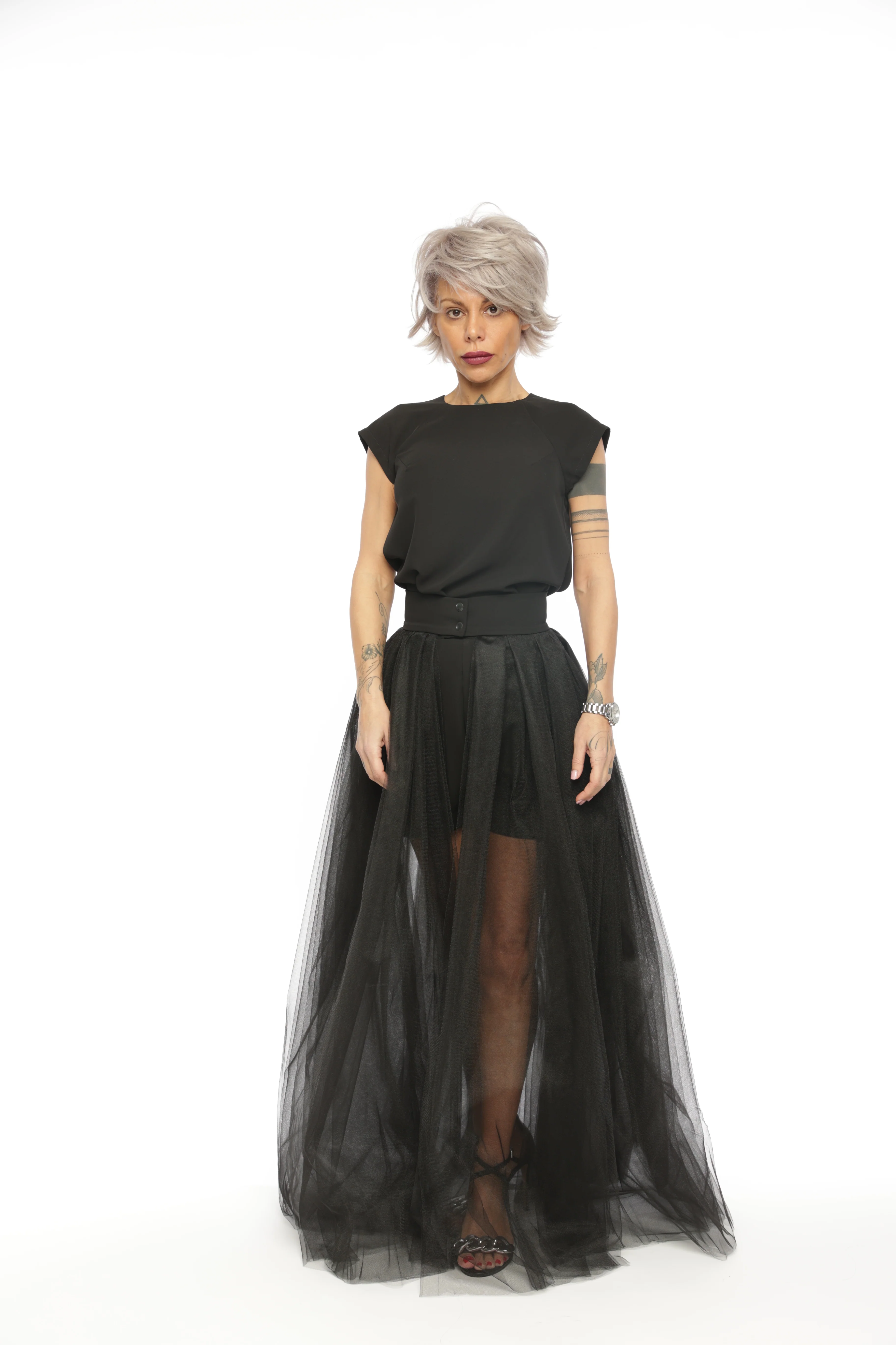 3-Piece Open-Back Top, High-Waisted Shorts and Tulle Skirt Co-Ord Set in Black - Image 3