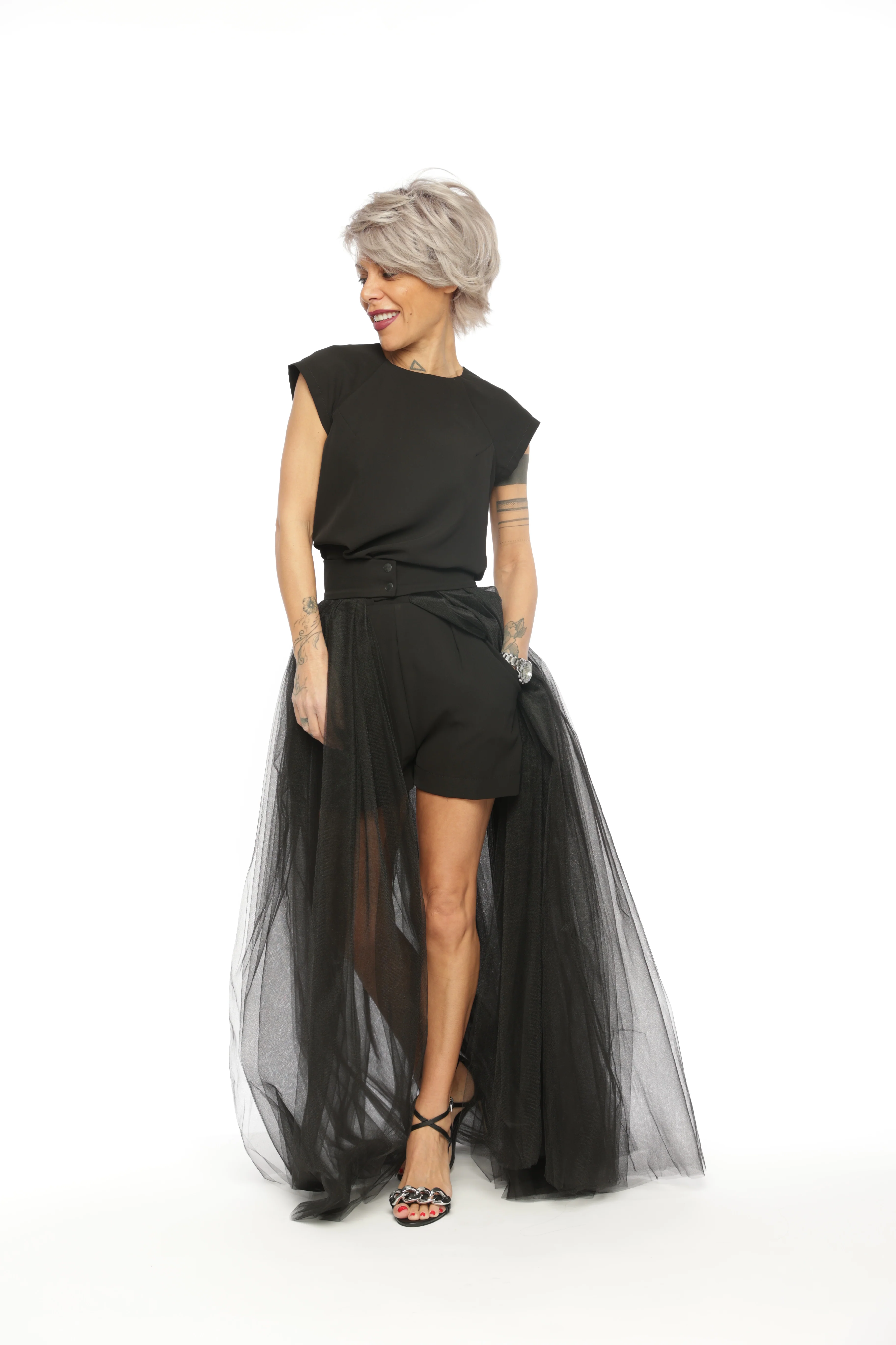 3-Piece Open-Back Top, High-Waisted Shorts and Tulle Skirt Co-Ord Set in Black - Image 4
