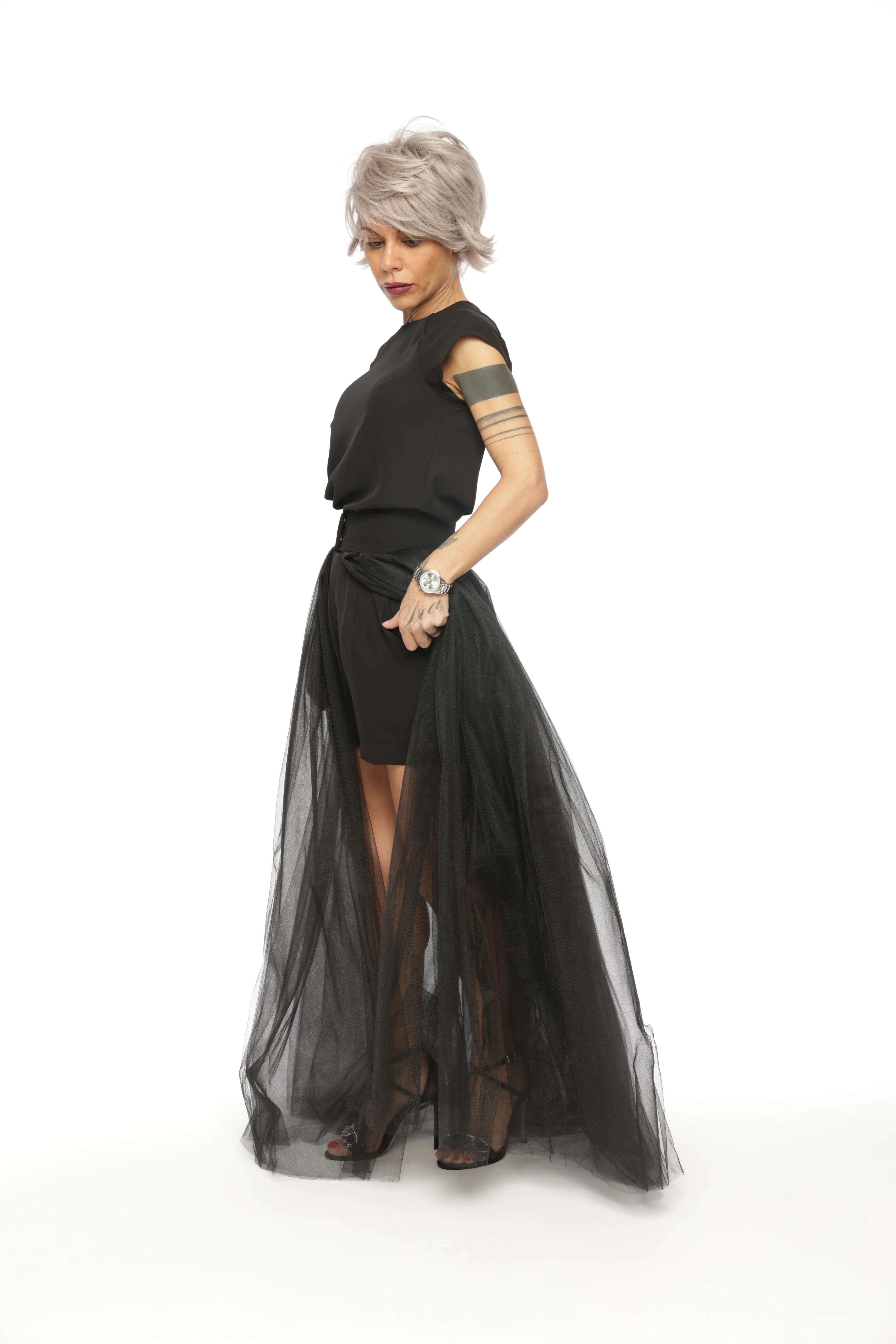 3-Piece Open-Back Top, High-Waisted Shorts and Tulle Skirt Co-Ord Set in Black - Image 8